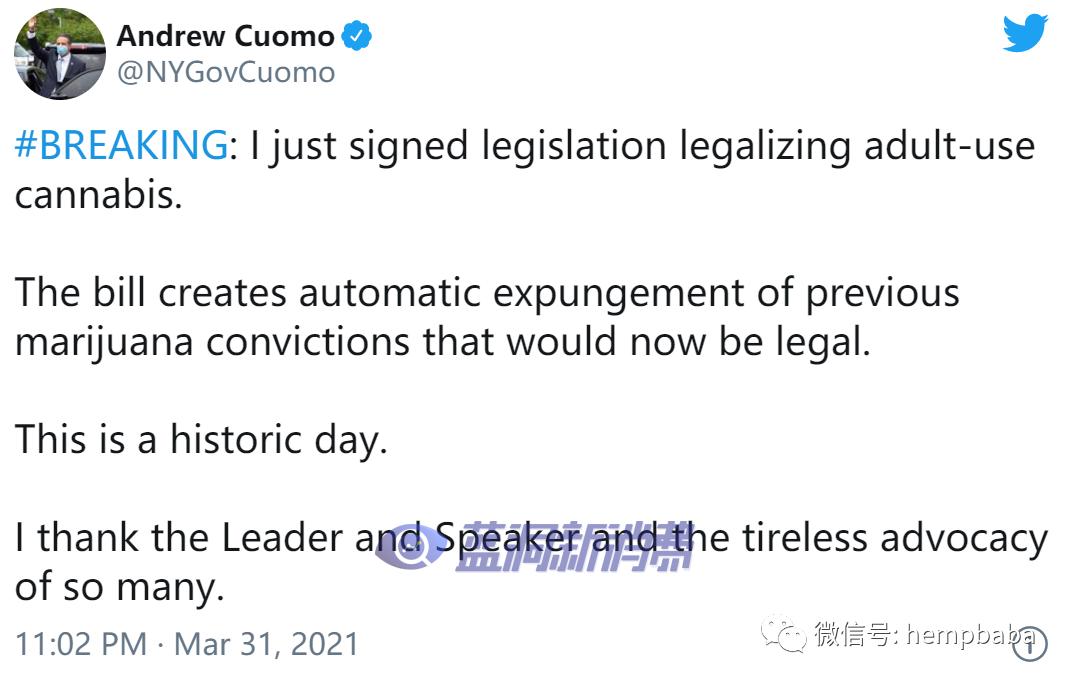 拿下“关键州”!纽约州长签署大麻合法化法案